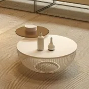 電視櫃巖板茶几桌 圓形客廳家用巖板茶几 簡約現代北歐奶油風邊几小戶型-80cm