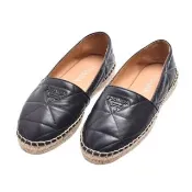 【PRADA 普拉達】經典黑色立體LOGO三角形絎縫納帕皮革草編漁夫鞋(展示品-黑色)