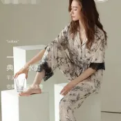 薔薇花睡衣四件套新款冰絲水墨畵款舒適寬鬆可外穿女士家居服 E61O