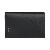 【Paul Smith】PAUL SMITH 燙銀LOGO稻草紋牛皮6卡對折收據夾(黑x內咖啡x黃)