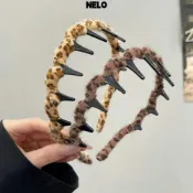 NELO髮箍,U型造浪梳體育運動頭帶,甜美的純色無滑金錢豹紋毛絨帶齒髮箍適合女性