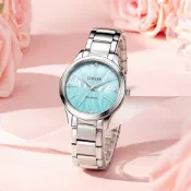 CITIZEN 星辰 LADYS 光動能典雅晶鑽時尚腕錶/湖水綠/34mm/EM1220-58Y