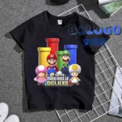 超級瑪利奧馬里奧T恤親子裝 學生遊戲周邊短袖瑪莉歐童裝 大尺碼情侶裝  黑色上衣