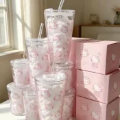 🎶特惠價☜桃園出貨🎶hellokittyKT貓玻璃杯帶吸管杯蓋牛奶果汁杯牛奶杯網紅杯徐州csgo
