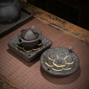 全球選品1館 生活百貨 原礦紫砂蓮花壺承鎏金高檔陶瓷功夫茶具茶壺蓋碗底託蓄水茶托盤