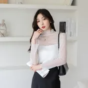 (店+)「現」立領透膚波紋長袖上衣-DesireShop