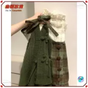 🌿慵懶日系🌿森系穿搭 森林系 穿搭 森林系 女裝 復古森系毛呢拚接格子連衣裙收腰裙毛衣外套 兩件式套裝🌿