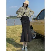 𝑳𝒊𝒕𝒕𝒍𝒆 𝑺𝒆𝒙𝒚 百搭顯瘦牛仔魚尾裙女 半身長裙女 薄款高腰開叉牛仔裙 韓版設計感中長款長裙