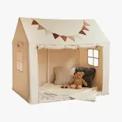 【Quality 聚家】實木桿 米色帆布大開門款 帳篷 130*100*130CM 家用游戲屋 玩具屋 公主城堡小房子
