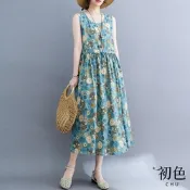 初色 清涼感棉麻風碎花印花無袖收腰顯瘦圓領A字裙中長裙連身裙洋裝-花色-70037(M-2XL可選)