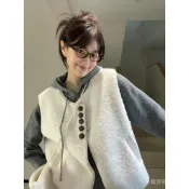 XUWENJIAN  洋裝 直髮  羔羊毛韓繫馬甲秋冬杏色外套寬鬆休閒燈芯絨無袖短版圓領上衣背心 7SPS