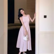 【衣隅Yiyu】法式無袖立體裁剪修身連衣裙 粉色高檔中長款超大擺A字裙禮服 白色洋裝