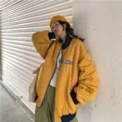 【AIma】黃色菱格紋棒球外套 女 拼接立領拉鏈 寬鬆顯瘦 秋冬新款百搭 韓系街頭休閒 飛行夾克 帥氣上衣