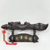 (店+)【御古齋】黑檀木 立體龍雕 龍吐珠 文昌筆 48cm 大筆進財 開運擺件 附座 五帝錢 1102