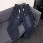 美式寬鬆窄管牛仔褲男 秋冬淺藍色彈力柔軟哈倫褲潮流蘿蔔褲男