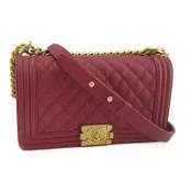 九成新！CHANEL 莓紅色荔枝牛皮霧金鍊肩背斜背25公分BOY包