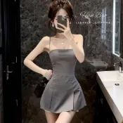 A字洋裝 傘擺洋裝 高腰A字裙 顯胯小A洋裝 娃娃A字 法式吊帶洋裝女夏灰色高腰收腰A字短裙高級感顯瘦氣質約會裙子