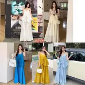 【度假風】吊帶長洋裝 女裝 荷葉邊 氣質長裙 夏季新款 渡假洋裝 收腰長洋裝 長裙洋裝