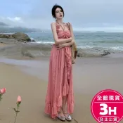 【梨卡】 隔日到貨 女裝 連身裙 玫瑰吊带裙 度假長洋裝 露背連身裙 細肩帶洋裝 綁帶連身裙 C6578 【現貨24H】