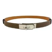 HERMES Kelly Epsom小牛皮旋釦窄版腰帶(大象灰/銀扣)