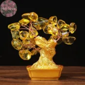 Herlove 19cm 14cm 精緻黃色水晶金錢樹擺件家居辦公店風水藝術擺件桌面招財樹TW