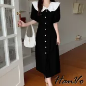 【HanVo】氣質雙層娃娃領直排釦洋裝 優雅別緻縮腰修身洋裝 韓系女裝 女生衣著 A06-3708
