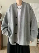 全球選品1館 生活百貨 純黑色日系慵懶風外套男潮高級感華夫格V領針織開襟情侶春秋夾克