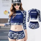 Biki 比基尼妮 .迷彩長袖露肚帥氣三件式泳衣泳裝(M-XL)