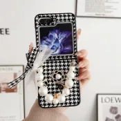 千鳥格紋 Samsung Z Flip 8 5 6 掛繩手機殼 三星 ZFlip 7 防摔保護殼  珍珠腕帶 褶疊防摔殼