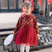 【橘魔法】日式金梅花盤扣旗袍紗裙洋裝(刷毛 女童 兒童 童裝 旗袍 長袖 洋裝 大紅 中國風 過年 新年 新衣)