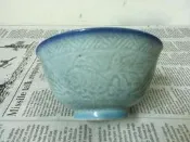 WH27537【四十八號老倉庫】全新 早期 台灣 藍釉 扇竹鳥金魚紋 古早碗 飯碗 碗粿碗 小瑕 1碗價