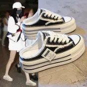 常鴻萬貨行 【懶人增高神器】帆布半拖鞋 懶人鞋 小白鞋 厚底鞋 帆布鞋 半拖 鬆糕底設計 後跟可踩 內增高5cm 春季外穿 舒適百搭