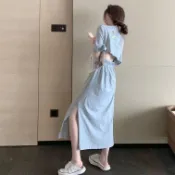 🌹在台出貨🌹洋裝 INS韓系鏤空露背短袖洋裝A字裙收腰顯瘦長裙洋裝夏天寬鬆洋裝大碼女裝 50819