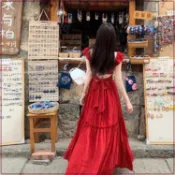 紅色波點度假飄逸大裙襬露背綁帶長洋裝-AZ023640/A044