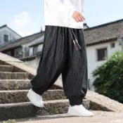 男士民族风休闲裤新中式灯芯绒刷毛加厚保暖复古素色大尺碼百搭寬鬆九分褲萝卜裤燈籠褲哈倫褲束口褲寬褲垮褲太极裤男褲子现货