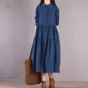 春秋裝大碼長袖寬鬆牛仔洋裝女 襯衫領磨白拚接褶皺收腰大擺裙 A字長裙