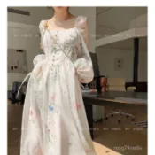 W.mei 法國女裝 法國洋裝 設計師女裝 設計款女裝 貴婦裝 渡假洋裝 法式連衣裙春夏方領歐根紗印花初戀仙女裙茶歇長裙