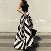 𝘟•𝘚•𝘟•𝘚||~ 歐美時尚渡假必備 斜肩背心➕不規則黑白幾何條紋大裙擺傘擺長裙「可拆售」/海島穿搭/渡假穿搭/渡假風