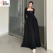 【台灣出貨】秋赫本風高級收腰顯瘦法式方領拼接黑色連衣裙 修身顯瘦長袖大擺裙 開春洋裝 長裙 氣質洋裝 度假洋裝