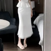 正韓【預購】女生優雅素面後拉鍊下擺網紗魚尾長裙 乳白 粉 黑【08.20】東大門-M18028