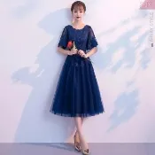 【Amay Style 艾美時尚】中大尺碼女裝 晚禮服 伴娘服 優雅透膚蕾絲花邊袖顯瘦中長裙洋裝。S-3XL(2色.預購)