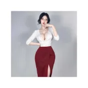 (店+)【FEE ET MOI】純欲風蕾絲花邊深V抽褶收腰短版上衣高開衩緊身辣妹包臀裙性感OL套裝 約會戰服 角色扮演 甜辣風女裝 夜店洋裝