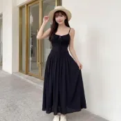 (店+)【FEE BABY】顯瘦露背收腰細肩長洋裝 吊帶洋裝 連身長裙 收腰連身裙 顯瘦洋裝 海邊洋裝 海邊長裙 海邊衣服 黑色
