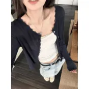 💗限時購💗蕾絲針織薄長袖防曬小外套襯衫短版 韓國女生上衣女裝長版斜肩衣服氣質女 正韓設計感內搭顯瘦日系修身短板小個子服飾