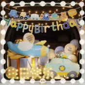 ✅可開票✅臺灣賣家✅後備箱生日驚喜布置 寶寶生日布置 生日氣球套組 男孩兒童週歲裝飾 生日快樂燈 燈串 汽車拉旗 儀式感