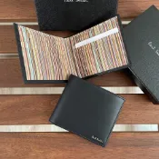 真品義大利製！PAUL SMITH 經典款彩虹條紋 八卡 皮夾．短夾．黑色．金色草寫LOGO