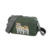 【KENZO】KENZO Happy Tiger電繡LOGO滌綸布快樂老虎圖案拉鍊斜背包(深卡其綠)