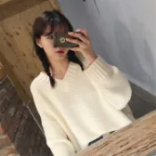 銀聯網日用品生活館 原宿毛衣外套女秋韓版chic寬松加厚慵懶學生上衣粗毛線長袖針織衫1入