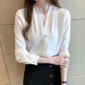胖胖美依 上衣 長袖襯衣 雪紡襯衫 中大尺碼 S-3XL 新款白襯衫女長袖V領套頭設計感小眾職業上衣襯衣雪紡-9160.