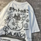  源一商社 大碼短袖 印花圓領短袖 美式復古口袋貓咪印花短袖T恤 情侶款寬鬆百搭棉質半袖T恤 日系寬鬆短袖